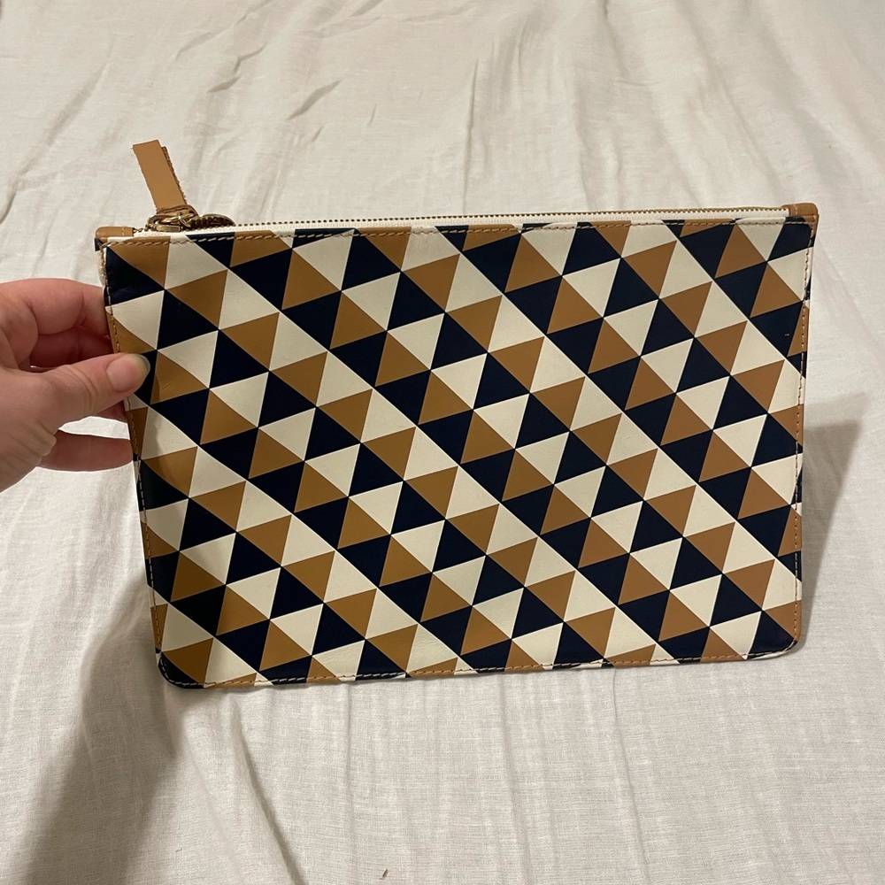 Clare V. Supreme Flat Clutch, Camel/Navy and Cream Diamond